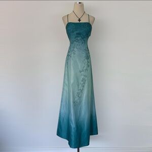 Y2K Ombre Teal Dress with Floral Embroidery